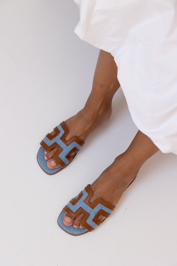 Elly | Slipper Cognac/Light Blue