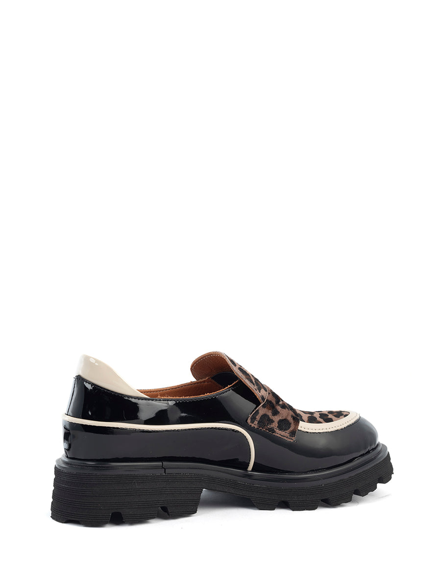 Evita | Chunky Loafer Black/Off White/Camel Leopard