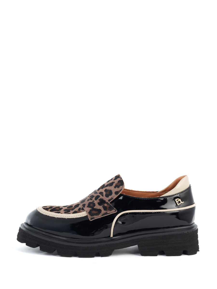 Evita | Chunky Loafer Black/Off White/Camel Leopard