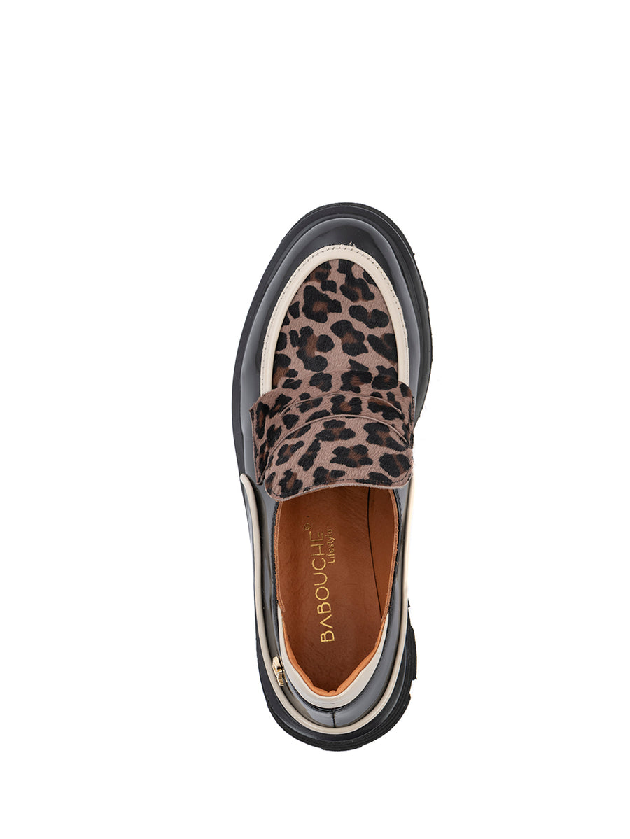 Evita | Chunky Loafer Black/Off White/Camel Leopard